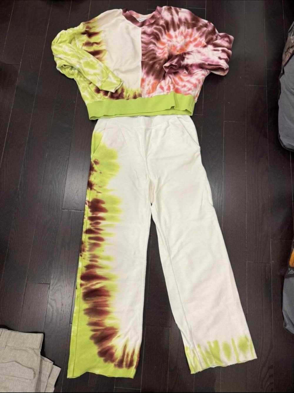 Tie-Dye Wide Leg Crewneck and Lounge Pants in Lime & Burgundy by Something Navy